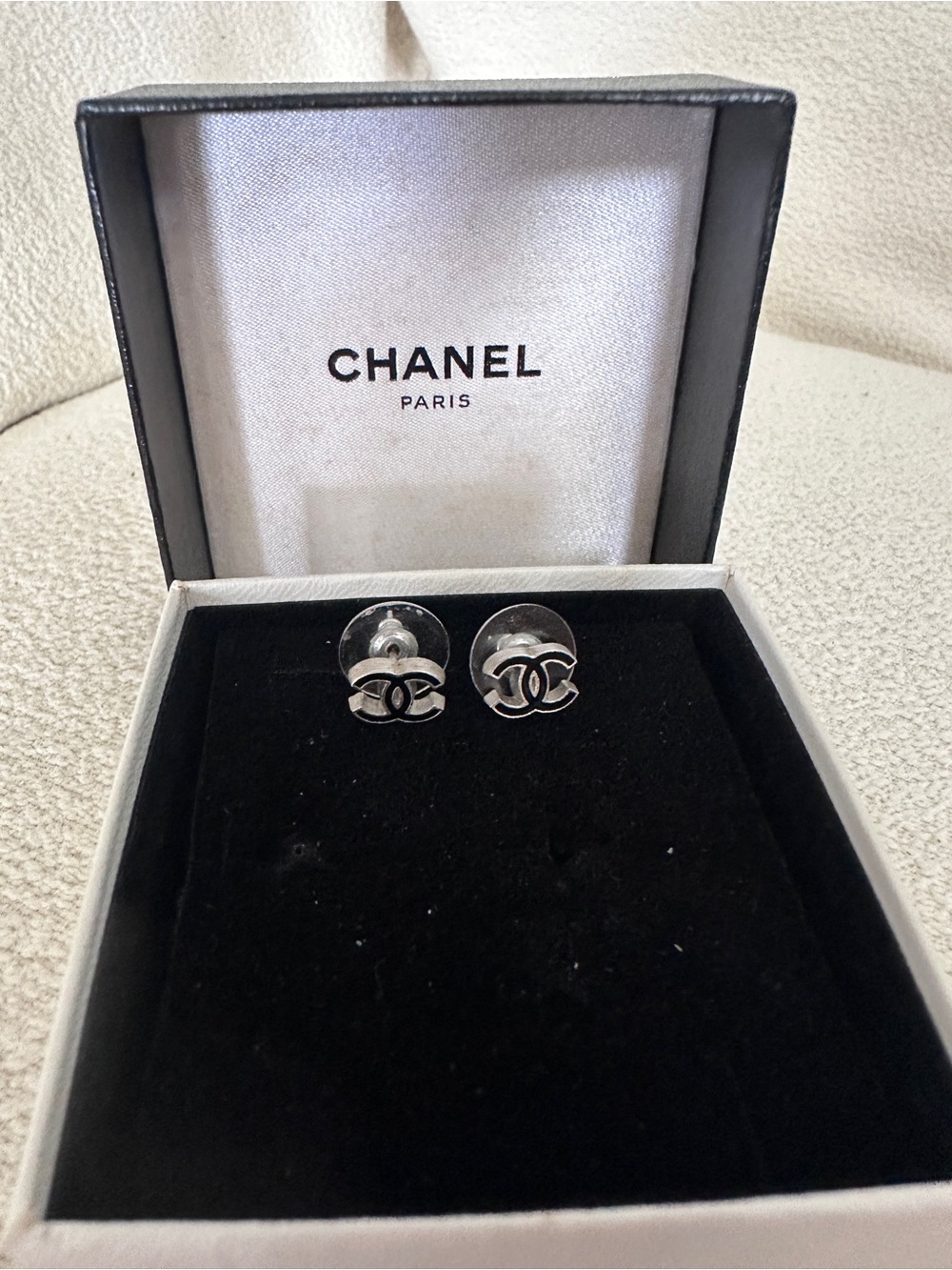 CHANEL Silver CC Logo Stud Earrings